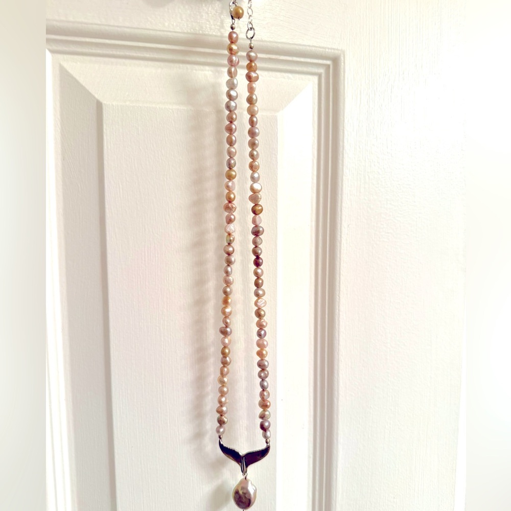 Long Pink Pearl Necklace with Sterling Whale’s Tail Pendant
